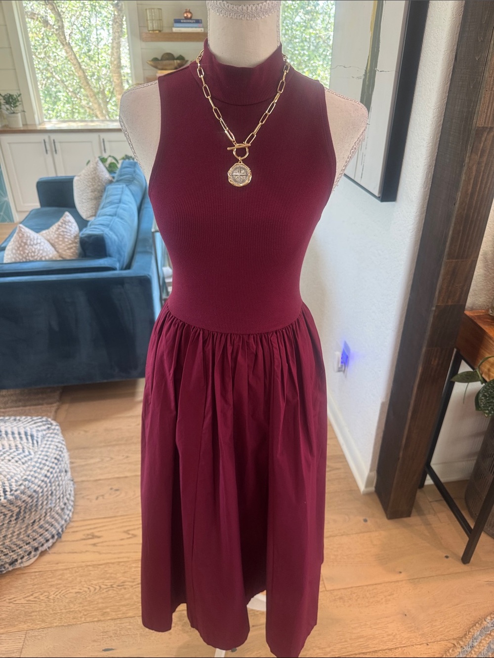 Sleeveless Mock Neck Midi Dress in Wine